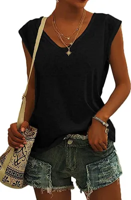 Produktbild von ASKSA Damen V-Ausschnitt Flügelärmeln T-Shirt Sommer Einfarbig Tank Top Basic Hemd Tee Tops, Schwarz, L