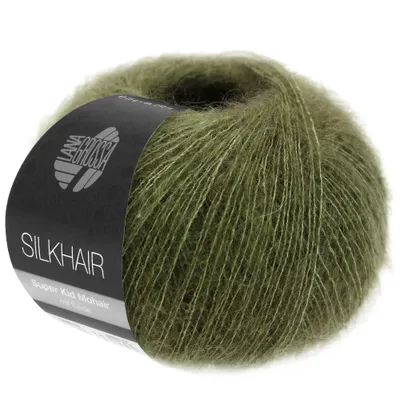 A ball of green yarn with a black label.