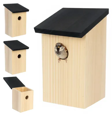 Produktbild von Relaxdays Nistkasten, 4er Set, Spatzen & Meisen, 32 mm Einflugloch, Dachklappe, Vogelhaus zum Aufhängen, natur/ schwarz