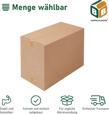 Produktbild von 10 x Faltkarton (750 x 400 x 500 mm) braun 1-wellig Verpackung stabil belastbar Versandkiste Transportbox Karton BB-Verpackungen