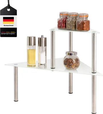 Immagine prodotto di scaffale angolare in vetro bremermann, scaffale da cucina con ripiani in vetro e piedini in acciaio inox, bianco