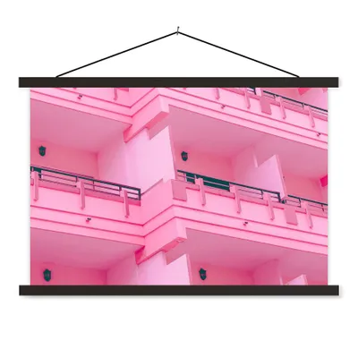 Produktbild von MuchoWow® Textilposter Balkon - Sommer - Rosa - Architektur 120x80 cm mit schwarzem Rahmen - Wanddeko