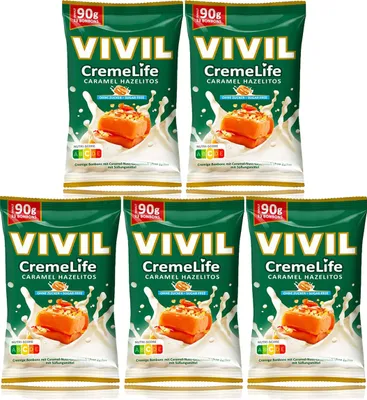 Produktbild von Vivil Creme Life Caramel Hazelitos Bonbons zuckerfrei 90g 5er Pack