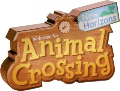 A wooden sign with the Animal Crossing logo and "New Horizons" text.