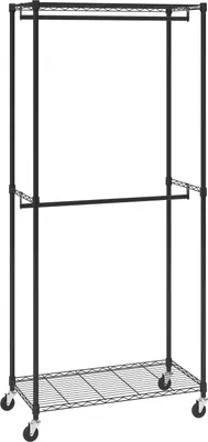 Obrázok produktu pre SucceBuy Robustný stojan na oblečenie, dvojité koľajničky na oblečenie, hrubá oceľová rúrka s priemerom 2,5 cm, nosnosť až 136 kg, stojan na oblečenie so spodnou a hornou policou, pojazdný stojan na zavesenie oblečenia