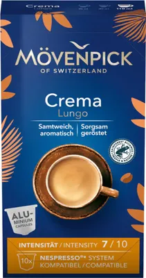 A box of Mövenpick coffee capsules with a cup of coffee shown.