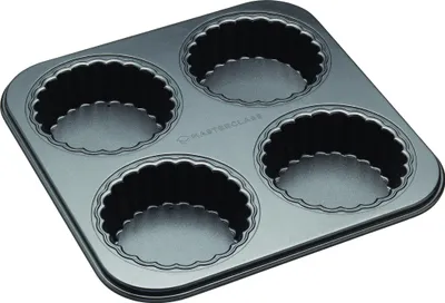 Produktbild von MasterClass Antihaftbeschichtete Backform aus Kohlenstoffstahl mit 4 Herausnehmbaren, Geriffelten Törtchenformen, 26 cm
