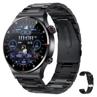 A black smartwatch with a metal band is displayed on a black background. The watch face shows the time, date, weather, and fitness metrics.