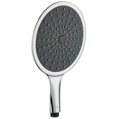 A close-up studio shot of a silver and gray shower head against a white background.