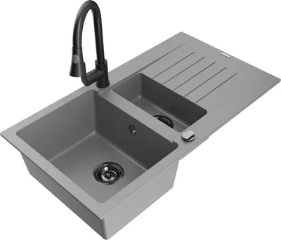 Produktbild von Mexen Matias 1,5-Becken-Granitspüle mit Abtropffläche und Mischbatterie Elia, Grau - 6502-71-670101-70-B