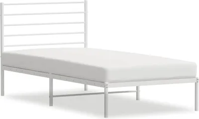 A white metal bed frame with a mattress, shown from a side angle against a white background.
