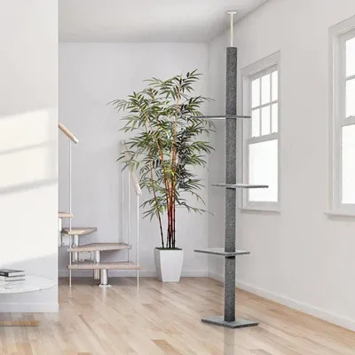 Produktbild von Kratzbaum mit Kratzbaum für die Decke – 4 Plattformen | Farbe: Grau | Abmessungen: 27x43x228-260 cm