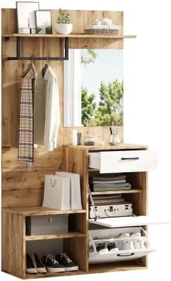 Productafbeelding van Garderobeset, wandgarderobe met schoenenbank en schoenenkast, garderobeset voor de hal, met garderobekast, spiegel en hangplanken, geschikt voor hal of woonkamer, afmetingen 100x38,5x190 cm, wit en houtkleur