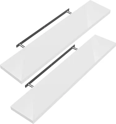 Produktbild von CASARIA® 2x Wandregal Holz Weiß Hängeregal mit Halterung 15kg Tragkraft Küche Wohnzimmer Schweberegal Bücherregal Regalbrett Schwebend Hochglanz 50cm