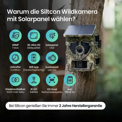 Produktbild von Siltcon® Solar Wildkamera 8K 60MP – WLAN App – Nachtsicht – IP67 – 128GB SD – Stativ – Solarpanel – 5200mAh Akku