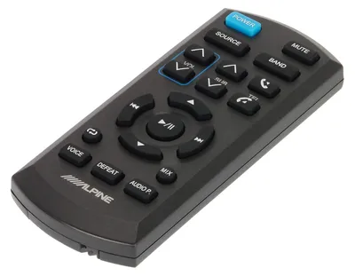 A black remote control with various buttons is shown against a white background.