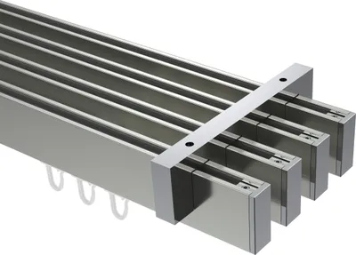 A multi-track curtain rod system made of metal.