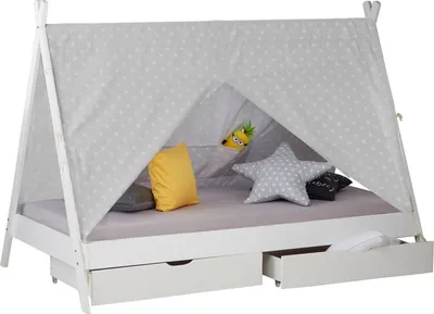 Image de Lit D'Enfant Tipi avec Matelas 90x200 Lit Maison Blanc Gris avec Sommier à Lattes Tiroir