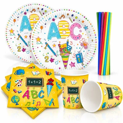 Produktbild von Einschulung Party Geschirr Einweggeschirr Schulanfang Partyset Dekoration Schule bunt Teller Becher Servietten Party Deko