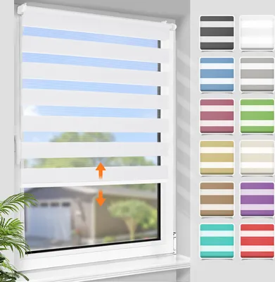 A roller blind with horizontal stripes of white and blue, shown in a window. To the right, a grid of swatches displays various color options for the blind.