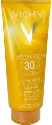 A tube of Vichy Capital Soleil SPF 30 hydrating milk for face and body, sensitive skin.