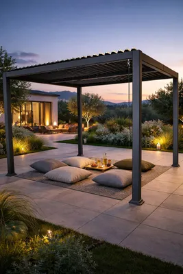 A modern outdoor living space at dusk, featuring a dark gray aluminum pergola with a slatted roof, set up with floor cushions and a tray for relaxation. The background shows a house with illuminated windows and a landscaped garden with accent lighting.
