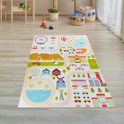 Immagine prodotto di Tappeto antiscivolo per la cameretta dei bambini con motivo urbano, colore beige, dimensioni: 80 x 150 cm