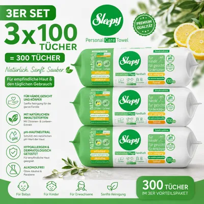 Produktbild von Sleepy Easy Clean Sensitive Feuchttücher Zitrone - Lorbeer 3x100 Tücher – für Babys, Kinder & Erwachsene – alkoholfrei, pH-hautneutral, hypoallergen, sanfte Reinigung für Hände, Gesicht & Körper
