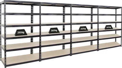 Produktbild von Mega Deal | 4x Schwerlastregal Giant Tiger | HxBxT 200x120x60cm | Fachlast 265kg | 6-Ebenen | Schwarz | Garagenregal, Lagerregal, Steckregal, Kellerregal, Werkstattregal