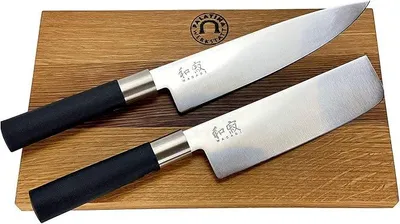 Imagen del producto de Set de cuchillos/regalo Kai Wasabi | Cuchillo japonés Nakiri de filo excepcional + cuchillo de cocina grande de 20 cm | + tabla de cortar de madera maciza hecha a mano, 25x15 cm | Precio de venta al público: 142,90 €