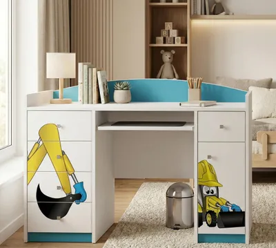 Produktbild von Happy Babies Computertisch mit Tastaturablage, Bürotisch mit Tastaturablage, 5 Schubladen, 1 Ablage, 125x89x60, Motive, Aufkleber zur Auswahl, Kinder
