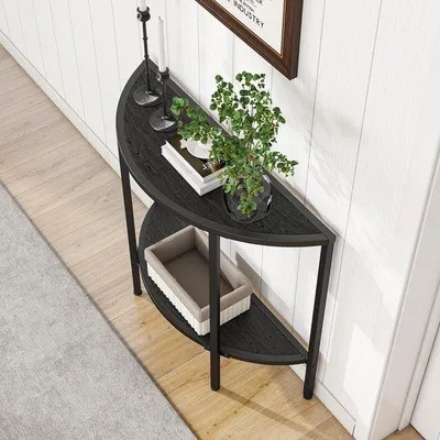 Productafbeelding van Unyqoos® Halfronde console tafel, modern design, 2 niveaus, metalen frame en spaanplaat, 90 x 30 x 82 cm, verstelbare poten, draagvermogen tot 27 kg, geschikt voor hal/woonkamer/slaapkamer