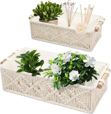 Image de Lot de 2 boîtes de rangement en macramé tressé, en coton