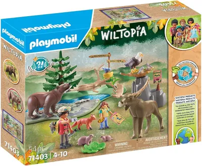 The image shows the packaging of a Playmobil Wiltopia toy set, featuring various North American animals and figures in a natural habitat scene.