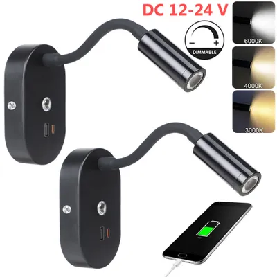 Produktbild von Černá led nástěnná svítidla 12-24V, 2x lampa na husím krku na čtení s vypínačem stmívatelná a USB nabíjecí port pro ložnici noční stolek Motorhome