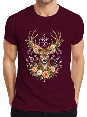 Produktbild von Eleganter Hirsch Blumenkranz Geweih Wald Boho Natur Lederhose Reh Herren T-Shirt, Burgundy, XL