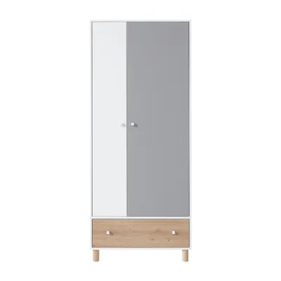 Produktbild von Drehtürenschrank FIGO, Kleiderschrank ideal für Jugendzimmer mit 2 Türen und Schublade, Farbe: Bunt - Weiß/Eiche Artisan/Grau