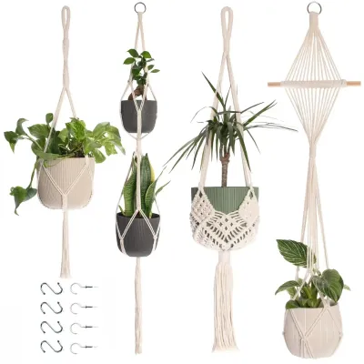 Produktbild von Makramee-Hängepflanzgefäß für den Innenbereich, 4er-Set, Boho-Dekoration, Makramee-Hängepflanzgefäß mit Haken, Hängeblumentopf aus Baumwollseil, Boho-Zimmerdekoration, Hängepflanztopf für Balkon oder Fenster (cremefarben)