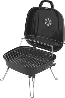 A black charcoal grill with its lid open, standing on its legs against a white background.