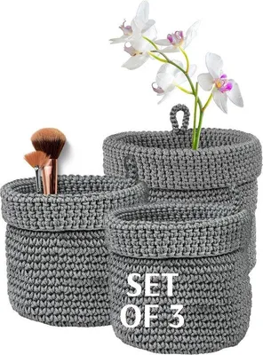 Produktbild von e Haushaltsorganizer, Set aus 3, graue Schachtel, 2 x 14 cm und 1 x 17 cm, Haken für kleine Gegenstände und Kosmetik, gestrickte Schachtel, ideal für Bad, Kinderzimmer Organizer