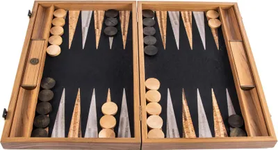 Produktbild von Manopoulos Premium Backgammon Set – Schwarzer Naturkork & Olivenholz-Steine – Kompakt (30x17 cm)