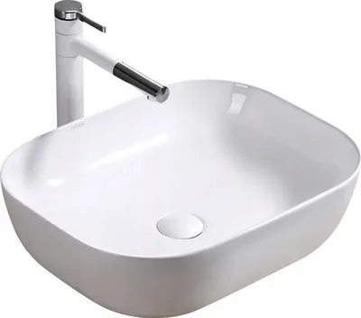 A white ceramic washbasin with a modern white and silver faucet, presented on a white background.