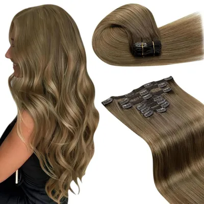 Produktbild von Clip in Extensions Echthaar Balayage Aschiges Hellbraun mit Beigenuancen 120g 7 Stück 40cm #6/8/14