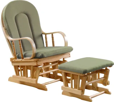 A glider chair and ottoman set with green cushions and a natural wood frame, isolated on a white background.