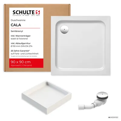 Produktbild von Schulte Duschwanne 90x90 cm, Weiß, Modell Cala - Komplettset inkl. Wannenträger und Ablaufgarnitur