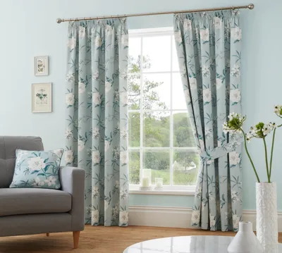Potloodvouwgordijnen 2er-Set 229x183 cm Baumwolle Blumen Eierblau