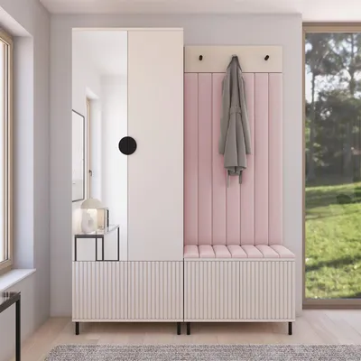 Produktbild von Garderoben-Set Ritmo Version 1 –gefräster Kleiderschrank mit Spiegel, mit hohen Füßen, gepolsterte Wandpaneele, , für den Flur (cashmere, Trinity 19)