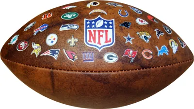 A brown American football with various NFL team logos printed on it, set against a white background.