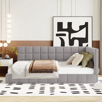 Produktbild von okwish Polsterbett 140×200 mit Lattenrost,Schlafsofa in Samtstoff, Einzelbett für Wohnzimmer oder Kinderzimmer,Grau,ohne Matratze
