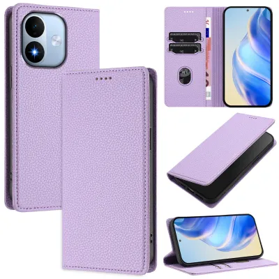 Image de Étui en cuir pour Xiaomi Redmi Note 17 4G, en cuir de type "litchi", type portefeuille avec compartiments pour cartes et support intégré. Couleur : violet